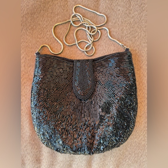 Vintage Hand Beaded Black Evening Shoulder Purse Bag - Picture 5 of 9